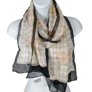 Liz Claiborne Floral Grid Scarf Made in Italy Black Border Sheer Rectangular